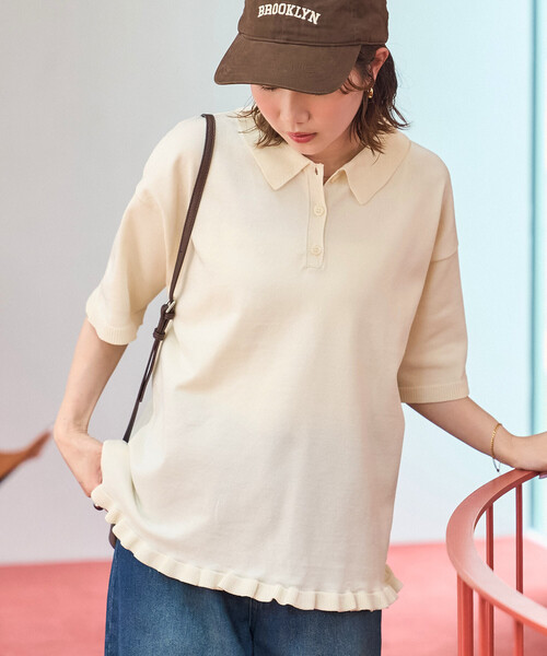 FREAK'S STORE（フリークスストア）の「限定展開　裾フリル ポロ襟 サマーニット プルオーバー（ニット/セーター・レディース・オリーブ/ブラック/ネイビー/ブラウン/ナチュラル・ﾌﾘ-）」の4枚目の写真