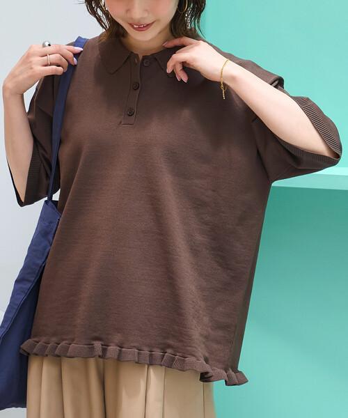 FREAK'S STORE（フリークスストア）の「限定展開　裾フリル ポロ襟 サマーニット プルオーバー（ニット/セーター・レディース・オリーブ/ブラック/ネイビー/ブラウン/ナチュラル・ﾌﾘ-）」の6枚目の写真