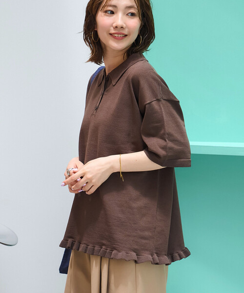FREAK'S STORE（フリークスストア）の「限定展開　裾フリル ポロ襟 サマーニット プルオーバー（ニット/セーター・レディース・オリーブ/ブラック/ネイビー/ブラウン/ナチュラル・ﾌﾘ-）」の7枚目の写真