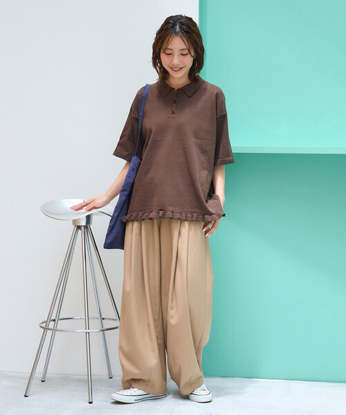 FREAK'S STORE（フリークスストア）の「限定展開　裾フリル ポロ襟 サマーニット プルオーバー（ニット/セーター・レディース・オリーブ/ブラック/ネイビー/ブラウン/ナチュラル・ﾌﾘ-）」の10枚目の写真