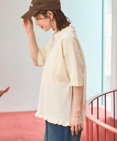 FREAK'S STORE（フリークスストア）の「限定展開　裾フリル ポロ襟 サマーニット プルオーバー（ニット/セーター・レディース・オリーブ/ブラック/ネイビー/ブラウン/ナチュラル・ﾌﾘ-）」の12枚目の写真