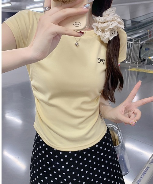 semuse（セミューズ）の「ワンポイントリボン刺繍Tシャツ（Tシャツ/カットソー・レディース・ライトグレー/ライトイエロー/ホワイト・FREE）」の19枚目の写真