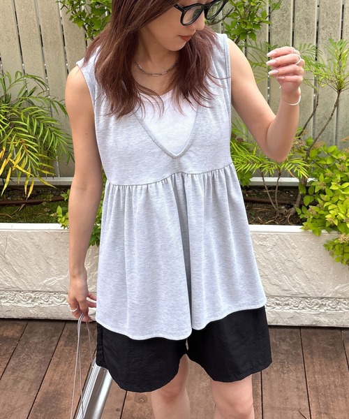 ISOOK(アイスー)の「【ISOOK / アイスー】ペプラムレイヤードリブワンピース / セットアイテム セットアップ キャミワンピ ビスチェ 重ね着 マキシ ロング 夏(ワンピース・レディース・グレー/ブラック・FREE)」の8枚目の写真