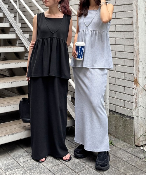 ISOOK(アイスー)の「【ISOOK / アイスー】ペプラムレイヤードリブワンピース / セットアイテム セットアップ キャミワンピ ビスチェ 重ね着 マキシ ロング 夏(ワンピース・レディース・グレー/ブラック・FREE)」の3枚目の写真