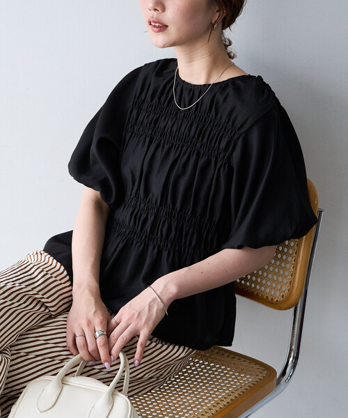 セール】限定展開 シアー シャーリング パフスリーブ ブラウス（シャツ