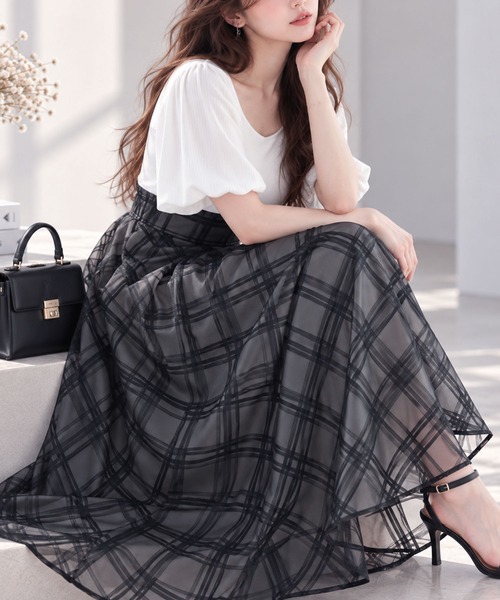 Ruwan yu(ルワンユー)の「リブT×シアージャガードチェックドッキングワンピース【大きいサイズ対応】(ワンピース・レディース・アイボリー/ブラック・LL/3L/4L/5L)」の1枚目の写真