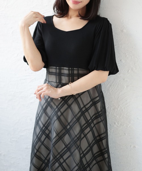 Ruwan yu(ルワンユー)の「リブT×シアージャガードチェックドッキングワンピース【大きいサイズ対応】(ワンピース・レディース・アイボリー/ブラック・LL/3L/4L/5L)」の6枚目の写真
