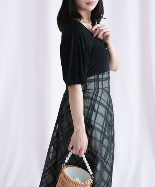 Ruwan yu(ルワンユー)の「リブT×シアージャガードチェックドッキングワンピース【大きいサイズ対応】(ワンピース・レディース・アイボリー/ブラック・LL/3L/4L/5L)」の14枚目の写真