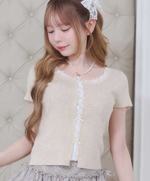 Rmine(アールマイン)の「フロントレース リボン リブ トップス(半袖)(Tシャツ/カットソー・レディース・ブルー/グレー/ピンク・FREE)」の3枚目の写真