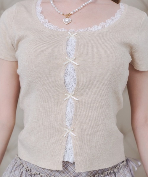 Rmine(アールマイン)の「フロントレース リボン リブ トップス(半袖)(Tシャツ/カットソー・レディース・ブルー/グレー/ピンク・FREE)」の7枚目の写真