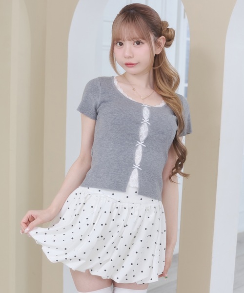 Rmine(アールマイン)の「フロントレース リボン リブ トップス(半袖)(Tシャツ/カットソー・レディース・ブルー/グレー/ピンク・FREE)」の6枚目の写真