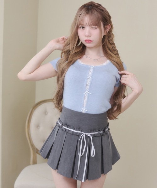 Rmine(アールマイン)の「フロントレース リボン リブ トップス(半袖)(Tシャツ/カットソー・レディース・ブルー/グレー/ピンク・FREE)」の22枚目の写真