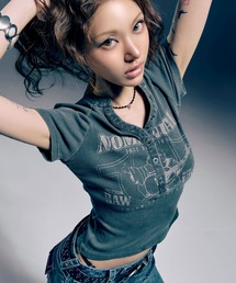 【NOMANUAL×TRUE RELIGION】NO RELIGION HENLEY BABY TEE / 【ノーマニュアル×トゥルーレリジョン】ノーレリジョンダメージヘンリーネックベイビー半袖Tシャツ