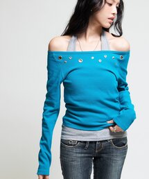 PUTUMAYO　オフショルダー風折り返しトップス（ネイビー×ライトブルー） オフショルダー」に該当するレディースのトップス（ブルー・ネイビー