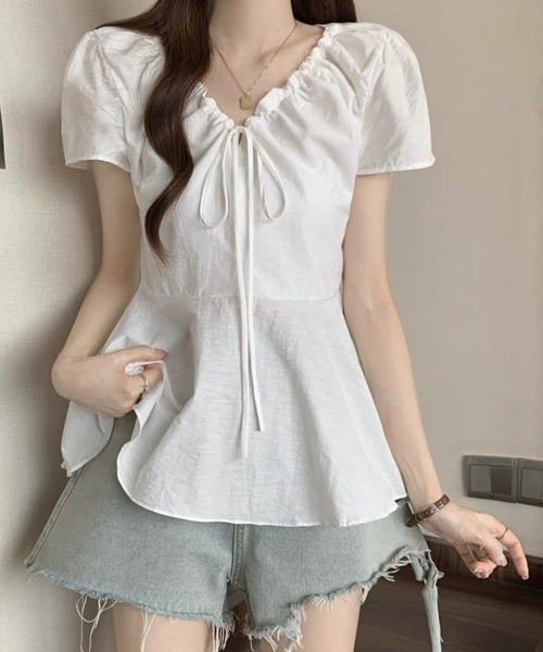 Miniministore（ミニミニストア）の「ペプラムブラウス ウエストマークトップス（シャツ/ブラウス・レディース・ネイビー/ホワイト・FREE）」の4枚目の写真