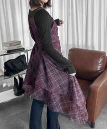 【レイヤードしやすい!】レトロアシンメトリーチェックワンピース/ワンピース キャミソールワンピ シアー レトロ レトロチェック アシンメトリー フレアシルエット 海外ガール レイヤード ストリート フェミニン 2カラー ワインレッド ネイビー