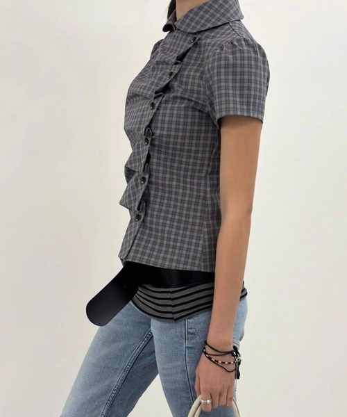 Girly Doll(ガーリードール)の「チェック柄アシメボタンタック半袖ブラウス(シャツ/ブラウス・レディース・ホワイト/チェック・FREE)」の9枚目の写真