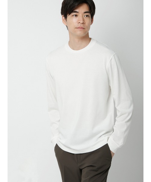 SUIT SQUARE(スーツスクエア)の「オフィT/Tシャツ/長袖/ウォッシャブル/プレーティング天竺/無地(Tシャツ/カットソー・メンズ・ホワイト/ネイビー・SMALL/XX-LARGE/X-LARGE/LARGE/MEDIUM)」の1枚目の写真