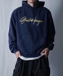 JUSTHANG（ジャストハング）の「ネイビー PEIDウォッシュ パステルイエロー ビッグロゴ ライトフーディー（パーカー）」