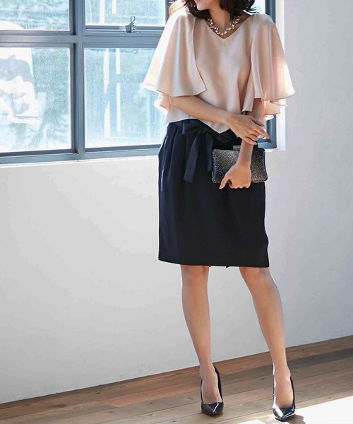DRESS LAB（ドレスラボ）の「【結婚式/オケージョンドレス】2wayシフォントップス×＆ハイウエストスカート セットアップ 3点セット（ドレス・レディース・ブラック/ネイビー/サーモンピンク・L/M/S）」の4枚目の写真