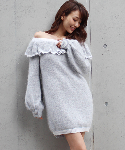 MICOAMERI（ミコアメリ）の「フリルオフショルニットワンピ（ワンピース・レディース・グレー/ホワイト・FREE）」の10枚目の写真