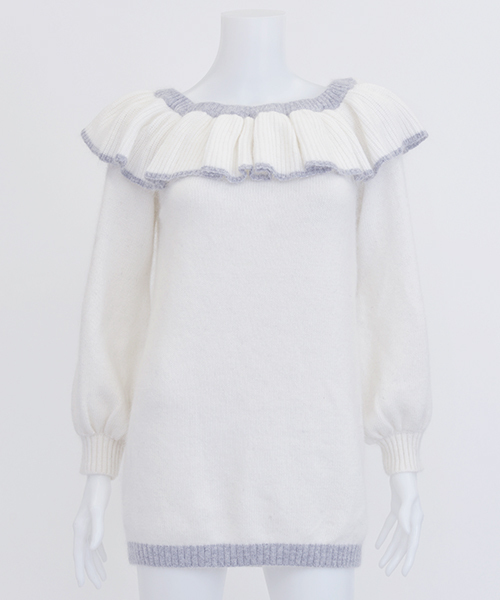 MICOAMERI（ミコアメリ）の「フリルオフショルニットワンピ（ワンピース・レディース・グレー/ホワイト・FREE）」の4枚目の写真