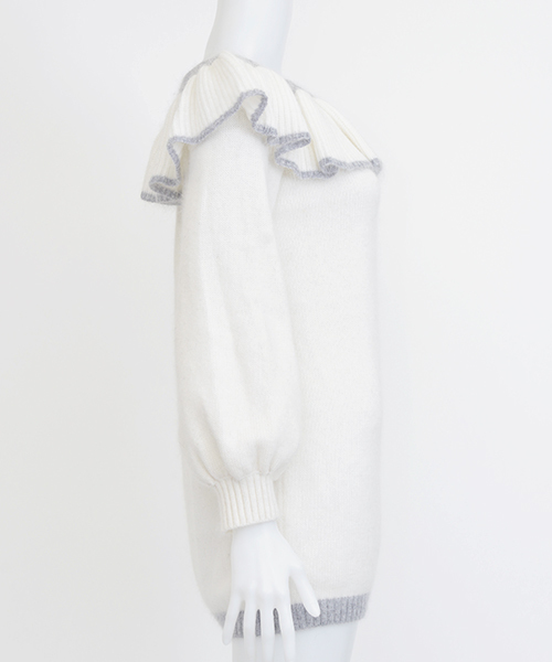 MICOAMERI（ミコアメリ）の「フリルオフショルニットワンピ（ワンピース・レディース・グレー/ホワイト・FREE）」の6枚目の写真