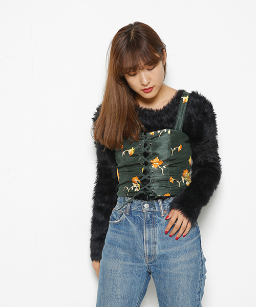 SLY（スライ）の「PARIS DAISY LACE UPビスチェ（キャミソール・レディース・ダークグリーン/ブラック・2/1）」の2枚目の写真