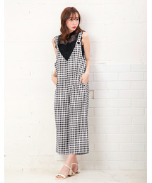 ギンガムチェック柄/無地 ハトメデザインワイドサロペット/レディース/オールインワン神戸レタス[E1718]