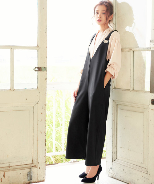 KOBE LETTUCE（コウベレタス）の「ギンガムチェック柄/無地 ハトメデザインワイドサロペット/レディース/オールインワン神戸レタス[E1718]（つなぎ/オールインワン・レディース・ブラック/チャコールグレー/キャメル/ピンク/チェック/ブラック系その他・FREE）」の2枚目の写真