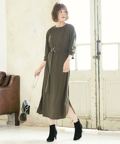 KOBE LETTUCE（コウベレタス）の「Dカンベルト付き2Way薄手カットソーサイドスリット入りワンピース＊レディース[E1917]神戸レタス（ワンピース・レディース・ブラック/ブラウン/カーキ/オレンジ・FREE）」の3枚目の写真