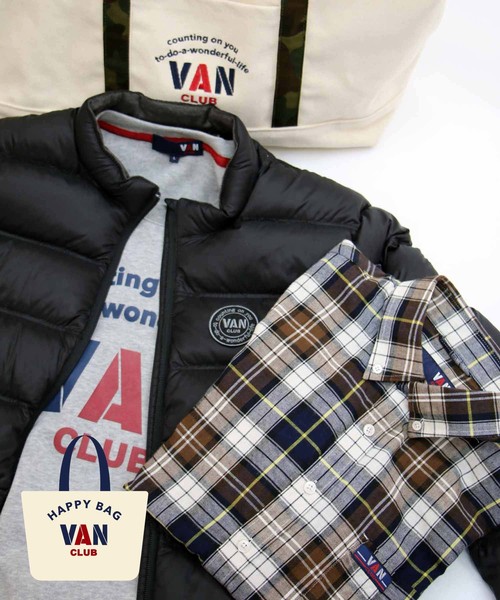 VAN CLUB(バンクラブ)の「オープン記念HAPPY BAG -VAN CLUB/選べるネルシャツと軽量ダウン・裏起毛トレーナーがトートに入ったセット!!(福袋/福箱・メンズ・ブラウン/ブルー/グリーン・LL/M/L)」の1枚目の写真