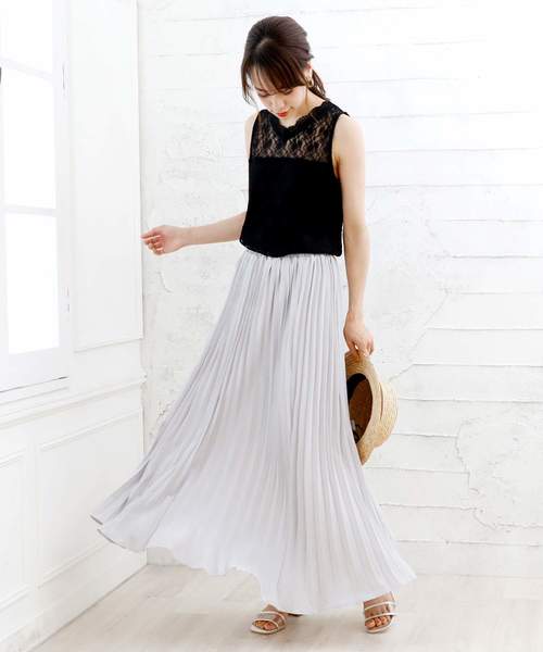 Girly Doll（ガーリードール）の「花柄 ロングプリーツスカート（スカート・レディース・ホワイト系その他/レオパード/ドット/ブラック系その他/グレー系その他/ブラック系その他2/ブラック/グリーン系その他2/グリーン系その他/グレー/ホワイト系その他2/ブルー/ベージュ・M/L）」の7枚目の写真