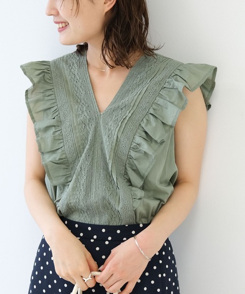 B:MING by BEAMS（ビーミングバイビームス）の「B:MING by BEAMS / レースフリル ノースリーブ ブラウス（シャツ/ブラウス・レディース・グリーン系その他/ホワイト/ブラック・ONE SIZE）」の3枚目の写真