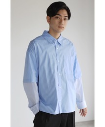 レイヤードスリーブ ストライプオーバーシャツ<ユニセックス>
