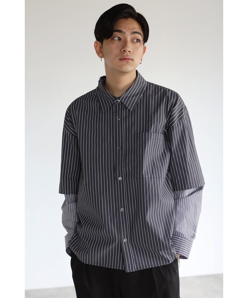 CREARE -LINO-（クレアーレリノ）の「レイヤードスリーブ ストライプオーバーシャツ<ユニセックス>（Tシャツ/カットソー・メンズ・ブラック/ブルー・M/L）」の2枚目の写真