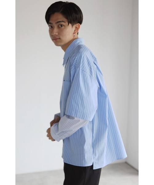 CREARE -LINO-（クレアーレリノ）の「レイヤードスリーブ ストライプオーバーシャツ<ユニセックス>（Tシャツ/カットソー・メンズ・ブラック/ブルー・M/L）」の4枚目の写真