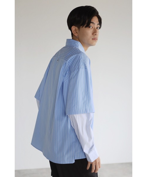 CREARE -LINO-（クレアーレリノ）の「レイヤードスリーブ ストライプオーバーシャツ<ユニセックス>（Tシャツ/カットソー・メンズ・ブラック/ブルー・M/L）」の6枚目の写真