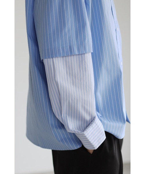 CREARE -LINO-（クレアーレリノ）の「レイヤードスリーブ ストライプオーバーシャツ<ユニセックス>（Tシャツ/カットソー・メンズ・ブラック/ブルー・M/L）」の8枚目の写真