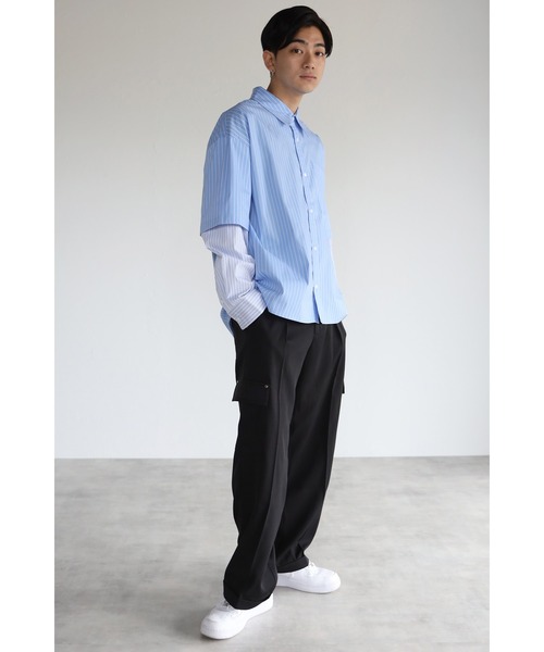 CREARE -LINO-（クレアーレリノ）の「レイヤードスリーブ ストライプオーバーシャツ<ユニセックス>（Tシャツ/カットソー・メンズ・ブラック/ブルー・M/L）」の11枚目の写真