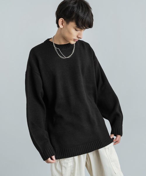 Rocky Monroe(ロッキーモンロー)の「5G天竺 オーバーサイズ 長袖クルーネック無地ニットセーター(ニット/セーター・メンズ・ブラック/ネイビー/ブラウン/グリーン/グレイッシュベージュ・M/L)」の3枚目の写真
