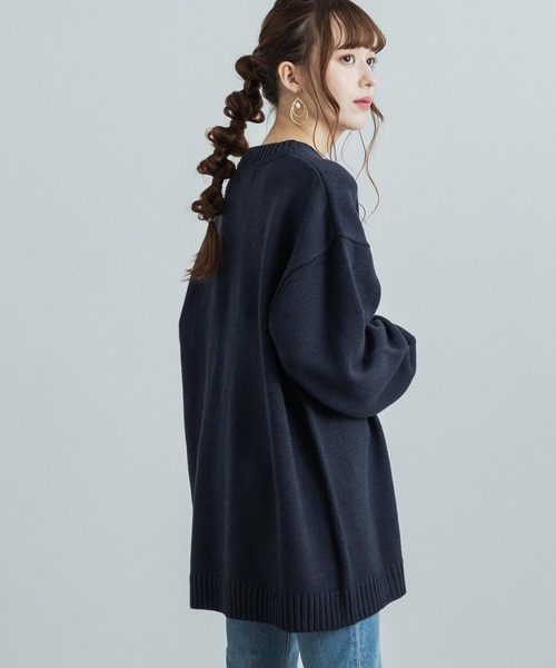 5G天竺 オーバーサイズ 長袖クルーネック無地ニットセーター（ニット