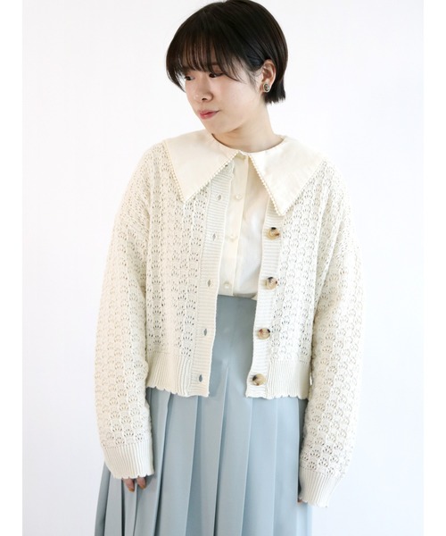 ehka sopo（エヘカソポ）の「透かし編みクルーネックカーディガン（カーディガン/ボレロ・レディース・ベージュ/オフホワイト/グリーン・ﾌﾘ-）」の2枚目の写真