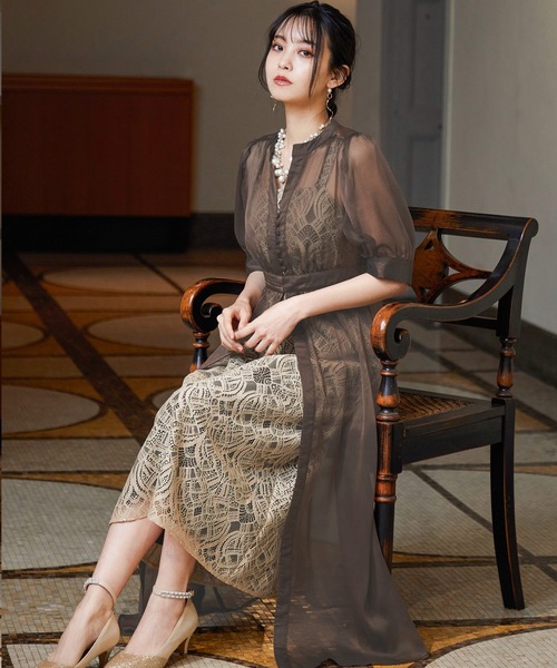 niana(ニアナ)の「シアーカーディガン&レースワンピース(ドレス・レディース・ダークカーキ/グレイッシュブルー/チャコール・M)」の14枚目の写真