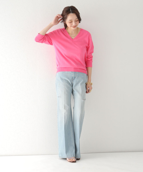 plageプラージュ　ピンクベージュふわり袖ニット美品 セール】【GIRL】七分袖Vネックプルオーバー◇（ニット/セーター