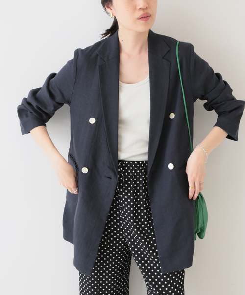 SLOBE IENA(スローブイエナ)の「麻/ポリテーラードジャケット◆(テーラードジャケット・レディース・ナチュラル/ネイビー・FREE)」の2枚目の写真