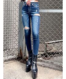GYDA | ミドルウエスト SIDE RIPPED スキニーデニムパンツ(デニムパンツ)