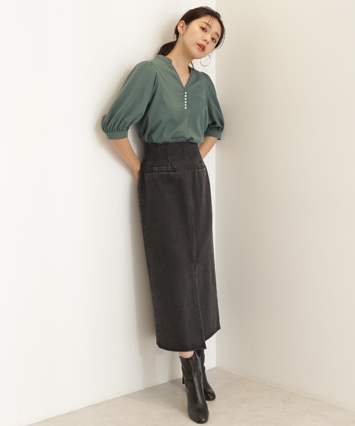 NATURAL BEAUTY BASIC（ナチュラルビューティーベーシック）の「フロントスリットデニムナロースカート（デニムスカート・レディース・ブラック/ネイビー・SMALL/MEDIUM）」の9枚目の写真