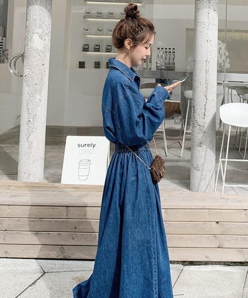 セール】ウエストマークデニムシャツロングワンピース（シャツ