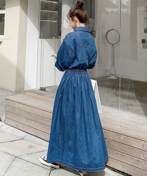 PRIVATE  BEACH（プライベートビーチ）の「ウエストマークデニムシャツロングワンピース（シャツワンピース・レディース・ブルー/ブラック/ダークブルー・L/M）」の5枚目の写真